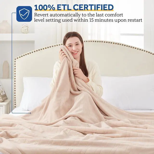 Alt view image 2 of 7 - Electric Blanket Twin Size, Flannel Heated Blanket with 10 Heating Levels & 1-12 Hours Auto Shut Off, Fast Heating Warm Blanket, Machine Washable, Beige, 62 x 84 Inch