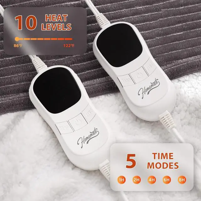 Alt view image 3 of 6 - Electric Heated Blanket Queen Size - 84"x90" Heating Blanket Queen Size Dual Control 1/2/4/6/8 Hours Auto-Off 10 Heat Level Over-Heat Protection Soft Flannel Sherpa ETL Certification