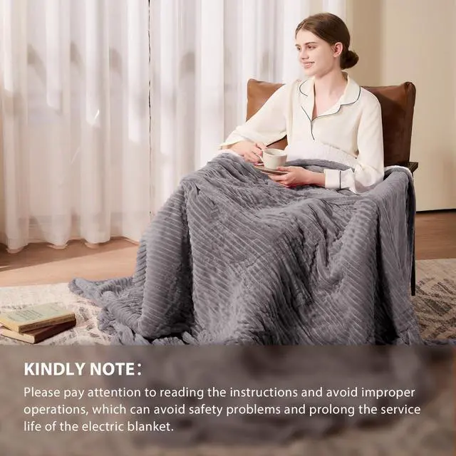 Alt view image 4 of 6 - Electric Heated Blanket Queen Size - 84"x90" Heating Blanket Queen Size Dual Control 1/2/4/6/8 Hours Auto-Off 10 Heat Level Over-Heat Protection Soft Flannel Sherpa ETL Certification