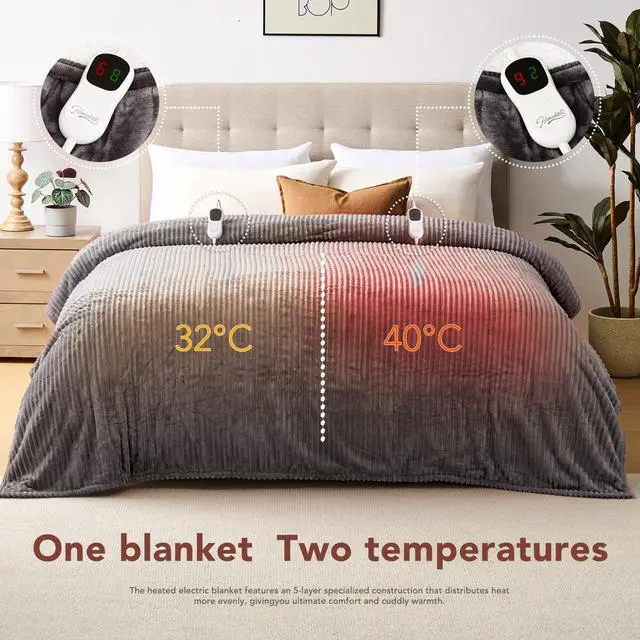 Alt view image 6 of 6 - Electric Heated Blanket Queen Size - 84"x90" Heating Blanket Queen Size Dual Control 1/2/4/6/8 Hours Auto-Off 10 Heat Level Over-Heat Protection Soft Flannel Sherpa ETL Certification