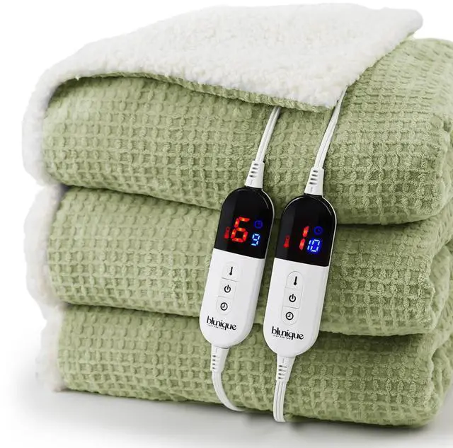 Main image of Heated Blanket Electric Blanket Queen Waffle, 84x90 Inches Dual Controllers Sherpa Fleece Fast Heating Blanket 6 Heating Levels & 10 Hours Auto Off ETL Certification, Sage Queen