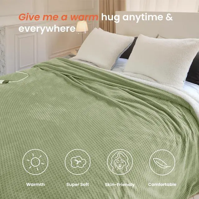 Alt view image 3 of 7 - Heated Blanket Electric Blanket Queen Waffle, 84x90 Inches Dual Controllers Sherpa Fleece Fast Heating Blanket 6 Heating Levels & 10 Hours Auto Off ETL Certification, Sage Queen