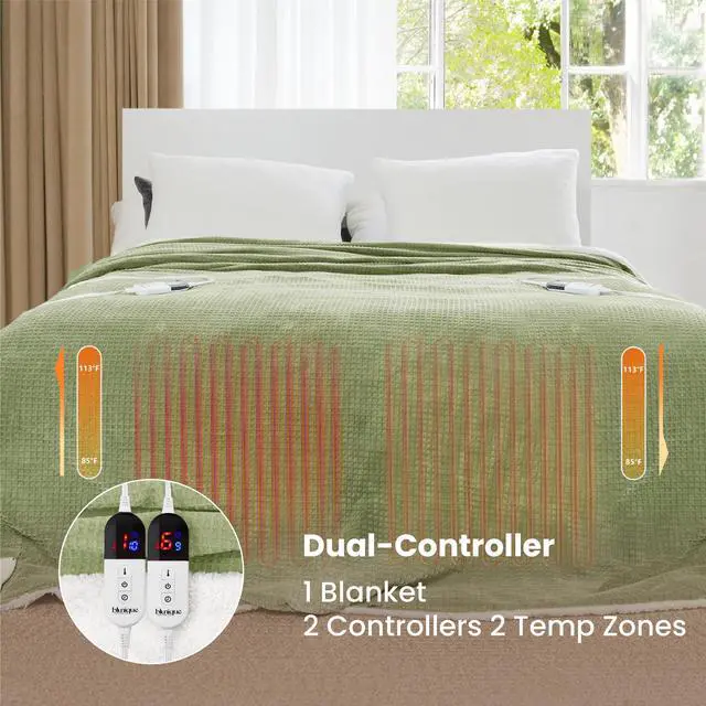 Alt view image 4 of 7 - Heated Blanket Electric Blanket Queen Waffle, 84x90 Inches Dual Controllers Sherpa Fleece Fast Heating Blanket 6 Heating Levels & 10 Hours Auto Off ETL Certification, Sage Queen