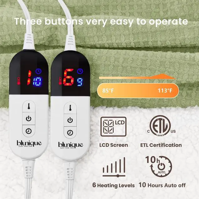 Alt view image 5 of 7 - Heated Blanket Electric Blanket Queen Waffle, 84x90 Inches Dual Controllers Sherpa Fleece Fast Heating Blanket 6 Heating Levels & 10 Hours Auto Off ETL Certification, Sage Queen