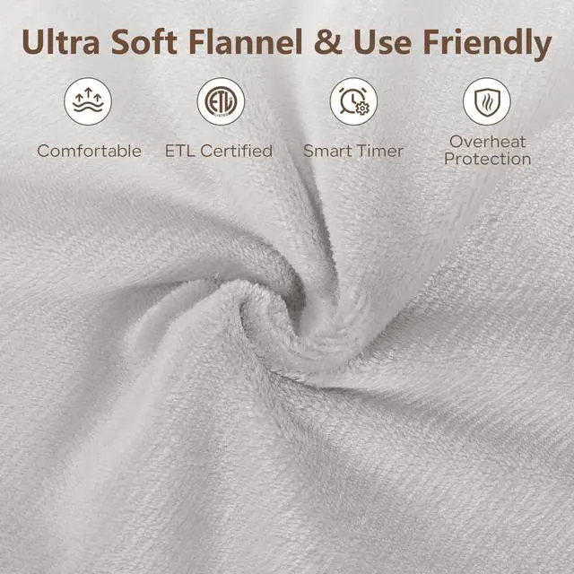 Alt view image 2 of 6 - Electric Heated Blanket Queen Size with 6 Levels & 8h Auto Off, Ultra Soft Flannel Full Body Heating Blanket, Machine Washable, Warm Gray, 84" x 90"