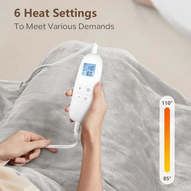 Alt view image 3 of 6 - Electric Heated Blanket Queen Size with 6 Levels & 8h Auto Off, Ultra Soft Flannel Full Body Heating Blanket, Machine Washable, Warm Gray, 84" x 90"