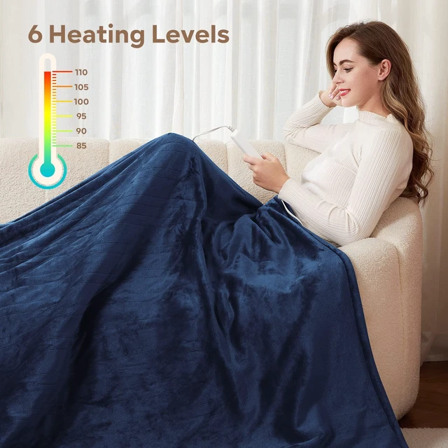 Alt view image 3 of 6 - Electric Heated Blanket Queen Size 84" x 90" | 6 Heating Levels & 8h Auto Timer | Full Body Fast Heating and Ultra Soft Flannel, Machine Washable Bed Sofa Home Office Use, Blue