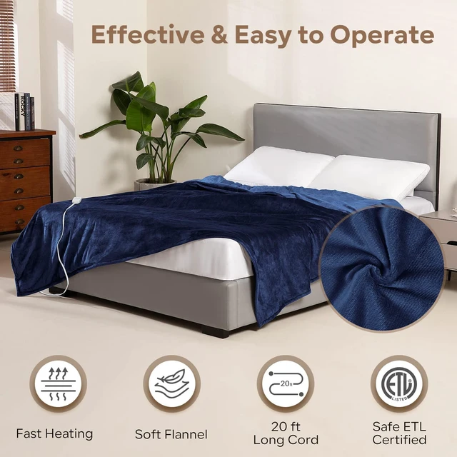 Alt view image 5 of 6 - Electric Heated Blanket Queen Size 84" x 90" | 6 Heating Levels & 8h Auto Timer | Full Body Fast Heating and Ultra Soft Flannel, Machine Washable Bed Sofa Home Office Use, Blue