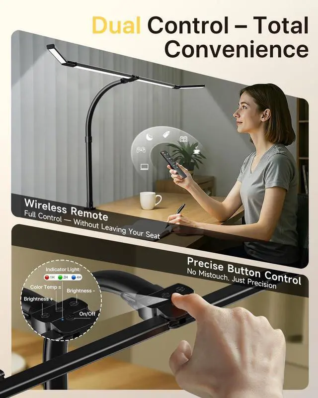 Alt view image 3 of 7 - 42" LED Desk Lamp with Clamp, Architect Desk Light with Remote, Adjustable 4-Segment Bar, 1800LM Bright, Eye-Caring Desk Lamp for Home Office, Reading, Study, Dual Monitors, Workbench (Black)