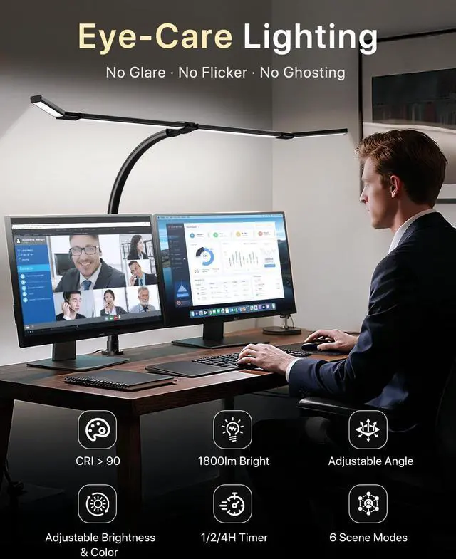 Alt view image 5 of 7 - 42" LED Desk Lamp with Clamp, Architect Desk Light with Remote, Adjustable 4-Segment Bar, 1800LM Bright, Eye-Caring Desk Lamp for Home Office, Reading, Study, Dual Monitors, Workbench (Black)