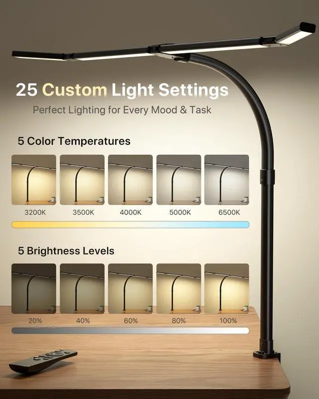 Alt view image 6 of 7 - 42" LED Desk Lamp with Clamp, Architect Desk Light with Remote, Adjustable 4-Segment Bar, 1800LM Bright, Eye-Caring Desk Lamp for Home Office, Reading, Study, Dual Monitors, Workbench (Black)