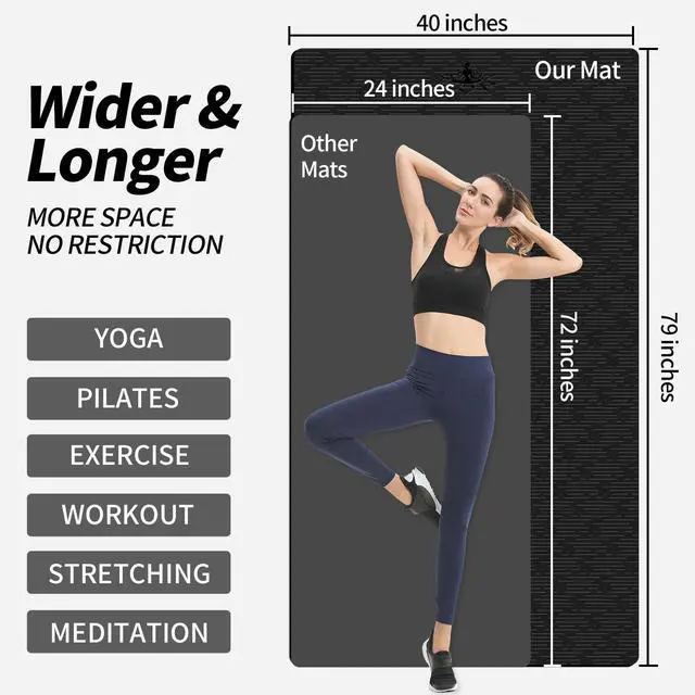 Alt view image 2 of 6 - Extra Long TPE Yoga Mat 79" x 40 x 1/2" Thick Non-slip Exercise Mat for Home Gym Use, Yoga, Pilates, Fitness & Workouts (Black)