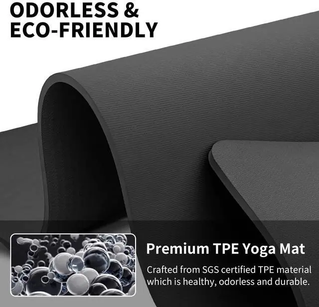 Alt view image 5 of 6 - Extra Long TPE Yoga Mat 79" x 40 x 1/2" Thick Non-slip Exercise Mat for Home Gym Use, Yoga, Pilates, Fitness & Workouts (Black)