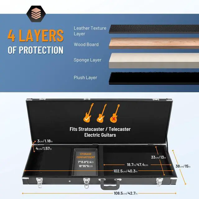 Alt view image 2 of 6 - HardShell Wood Case Electric Hard Rectangle Shaped Guitar Case Hardshell for Standard Electric Guitars with Lock Latch Keys Black CY0209