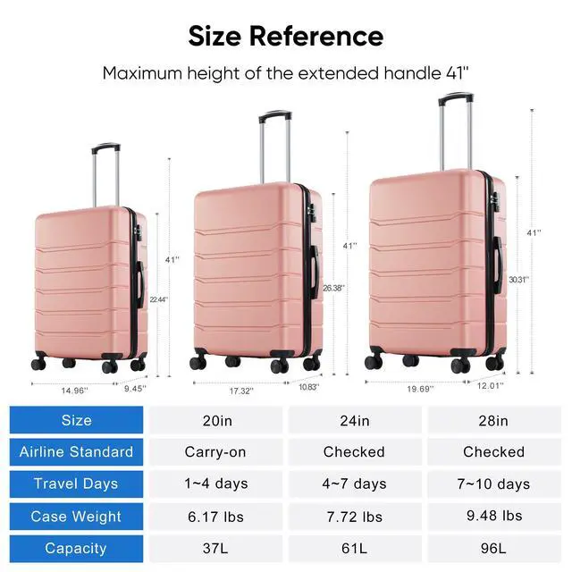 Alt view image 6 of 6 - 24 Inch Luggage, Hardside Suitcase with Spinner Wheels, Lightweight ABS Hard Shell Checked Luggage, TSA Approved Lock, Expandable Medium Suitcase for Travel & BusinessPink