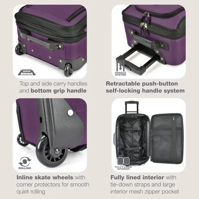 Alt view image 3 of 6 - Rio Fabric Expandable Carry-on Luggage, Rolling Suitcase, Purple, 2 Wheel Set