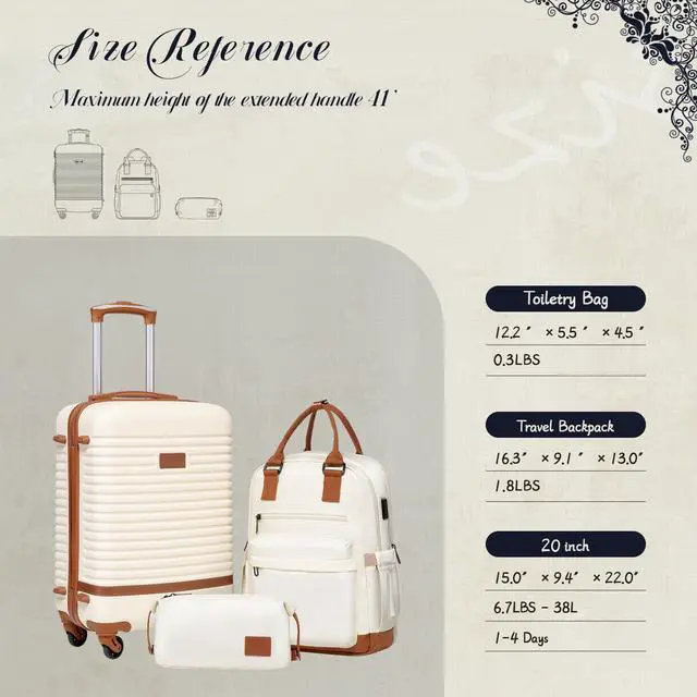 Alt view image 7 of 7 - Suitcase Set 3 Piece Luggage Set Carry On Travel Luggage TSA Lock Spinner Wheels Hardshell Lightweight Luggage Set(White, 3 piece set (BP/TB/20))