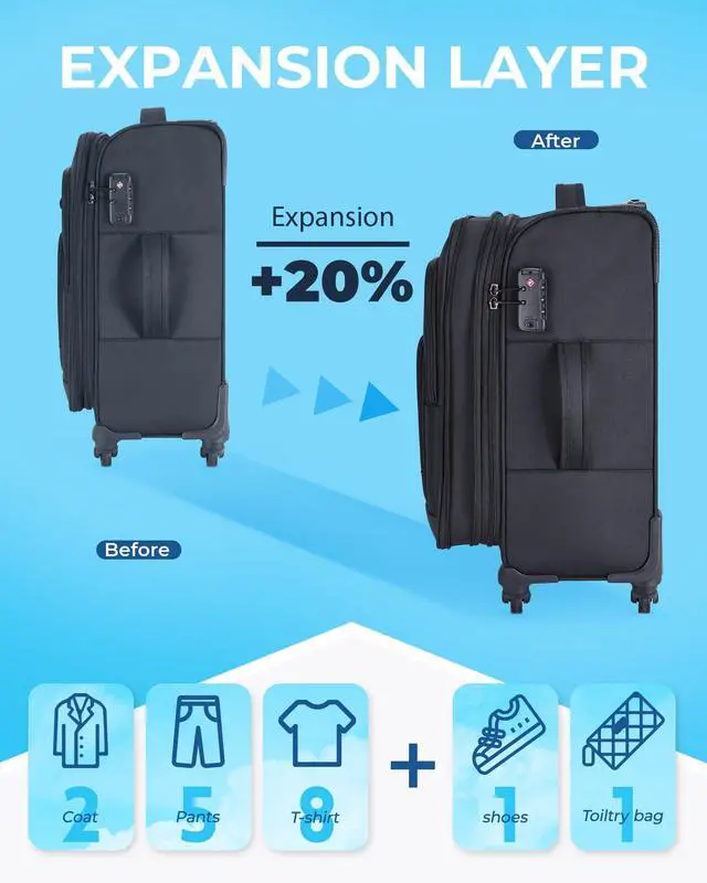 Alt view image 4 of 6 - Expandable 20 inch Carry on Luggage Airline Approved, Lightweight Carry on Suitcase with Spinner Wheels, Family Travel Suitcase Set with Duffle Bag-Black