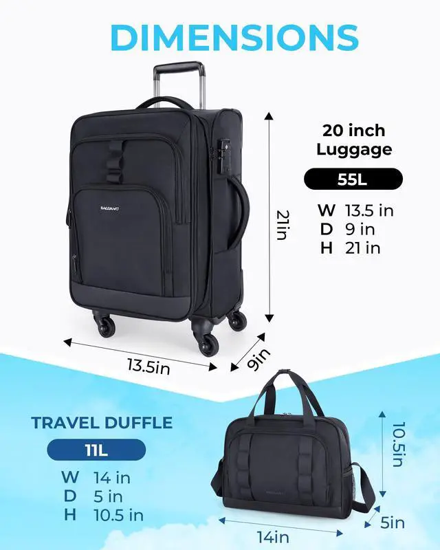 Alt view image 6 of 6 - Expandable 20 inch Carry on Luggage Airline Approved, Lightweight Carry on Suitcase with Spinner Wheels, Family Travel Suitcase Set with Duffle Bag-Black