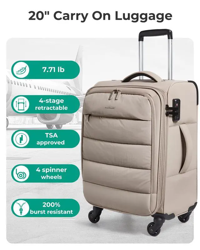 Alt view image 3 of 7 - Carry On Luggage 22x14x9 Airline Approved, 20 Inch Soft Suitcase with Wheels, Lightweight Spinner Carry on Suitcase with PVC Wet/Dry Pockets for Short Trip, Camel
