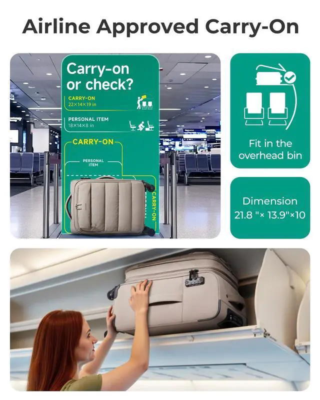 Alt view image 4 of 7 - Carry On Luggage 22x14x9 Airline Approved, 20 Inch Soft Suitcase with Wheels, Lightweight Spinner Carry on Suitcase with PVC Wet/Dry Pockets for Short Trip, Camel