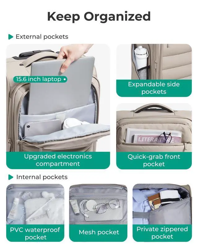 Alt view image 5 of 7 - Carry On Luggage 22x14x9 Airline Approved, 20 Inch Soft Suitcase with Wheels, Lightweight Spinner Carry on Suitcase with PVC Wet/Dry Pockets for Short Trip, Camel