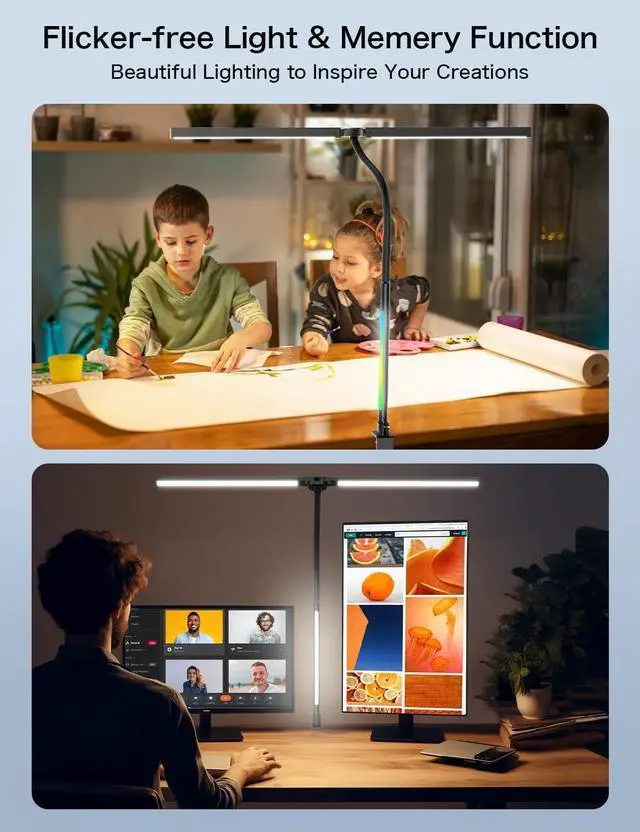 Alt view image 7 of 7 - LED Desk Lamp with Clamp,Architect Desk Lamp for Home Office,24W Ultra Bright with RGB Atmosphere Lighting,Remote Control,5 Color Modes & 5 Dimmable Eye Protection for Monitor Studio Reading