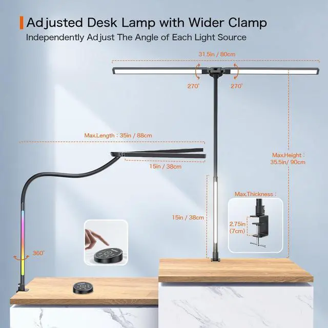 Alt view image 6 of 7 - LED Desk Lamp with Clamp,Architect Desk Lamp for Home Office,24W Ultra Bright with RGB Atmosphere Lighting,Remote Control,5 Color Modes & 5 Dimmable Eye Protection for Monitor Studio Reading