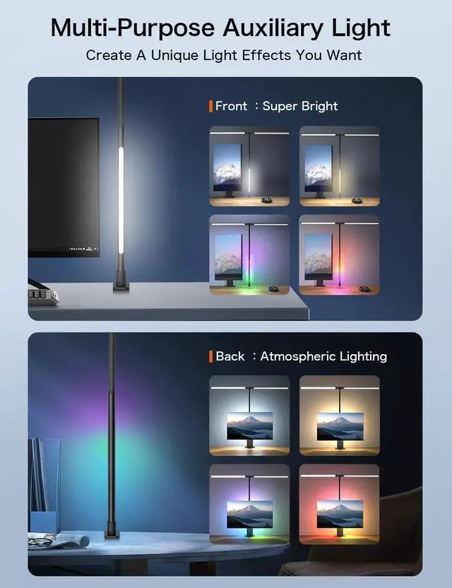 Alt view image 5 of 7 - LED Desk Lamp with Clamp,Architect Desk Lamp for Home Office,24W Ultra Bright with RGB Atmosphere Lighting,Remote Control,5 Color Modes & 5 Dimmable Eye Protection for Monitor Studio Reading