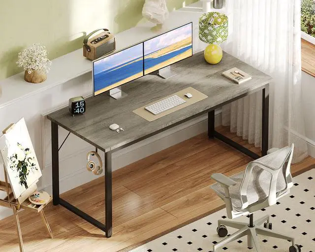 Alt view image 2 of 6 - 54 Inch Computer Desk Home Office Desk, Gaming Writing Work from Home Study Desk, Modern Simple Design, Large Legroom, Sturdy Metal Frame, Grey Oak