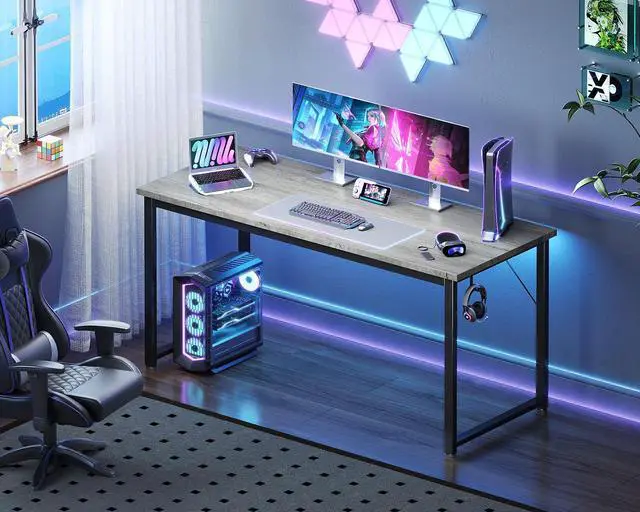 Alt view image 3 of 6 - 54 Inch Computer Desk Home Office Desk, Gaming Writing Work from Home Study Desk, Modern Simple Design, Large Legroom, Sturdy Metal Frame, Grey Oak