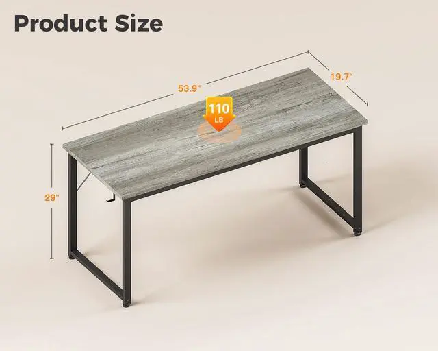 Alt view image 4 of 6 - 54 Inch Computer Desk Home Office Desk, Gaming Writing Work from Home Study Desk, Modern Simple Design, Large Legroom, Sturdy Metal Frame, Grey Oak