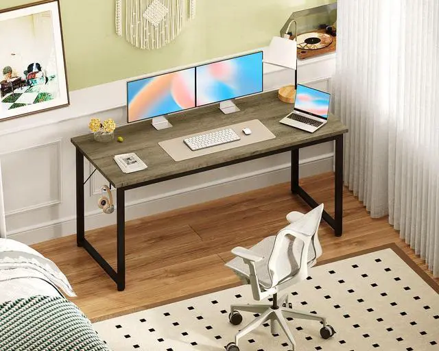 Alt view image 6 of 6 - 54 Inch Computer Desk Home Office Desk, Gaming Writing Work from Home Study Desk, Modern Simple Design, Large Legroom, Sturdy Metal Frame, Grey Oak