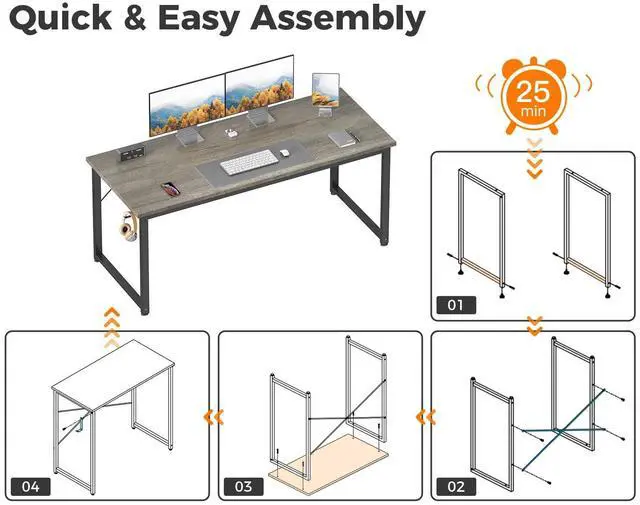 Alt view image 5 of 6 - 54 Inch Computer Desk Home Office Desk, Gaming Writing Work from Home Study Desk, Modern Simple Design, Large Legroom, Sturdy Metal Frame, Grey Oak