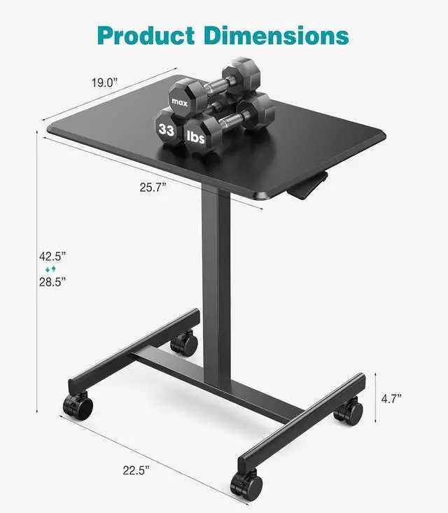 Alt view image 3 of 6 - Small Standing Desk Mobile Portable Rolling Laptop PC Table on Wheels Adjustable Height Computer Workstation for Home Office, 19 Inch, Black