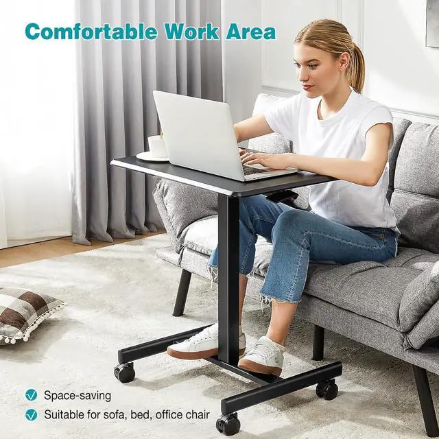 Alt view image 4 of 6 - Small Standing Desk Mobile Portable Rolling Laptop PC Table on Wheels Adjustable Height Computer Workstation for Home Office, 19 Inch, Black