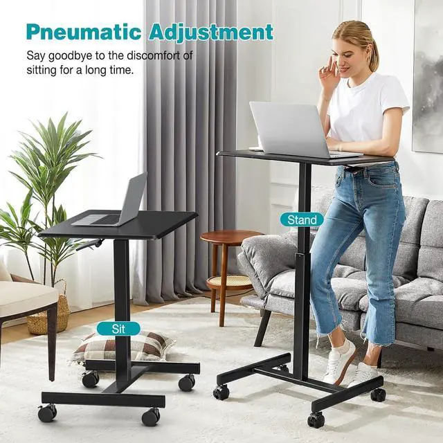Alt view image 5 of 6 - Small Standing Desk Mobile Portable Rolling Laptop PC Table on Wheels Adjustable Height Computer Workstation for Home Office, 19 Inch, Black