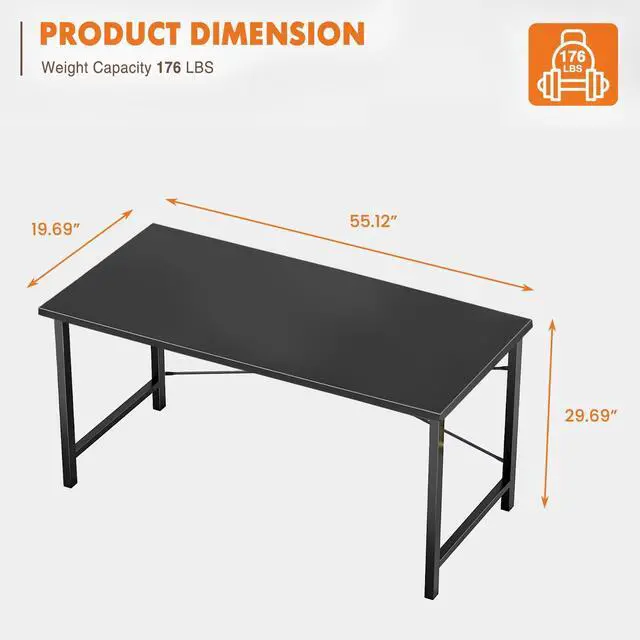 Alt view image 4 of 5 - Computer Office Desk 55 Inch Student Kids Study Writing Work with Metal Frame Wood Tabletop Modern Simple PC Home Bedroom Table - Black