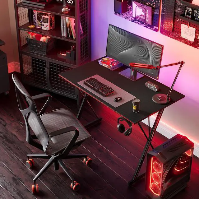 Alt view image 2 of 6 - Gaming Desk 47 Inch PC Computer Desk, Carbon Fiber Home Office Desk Table Gamer Workstation, Simple Game Table with Headphone Hook, Black
