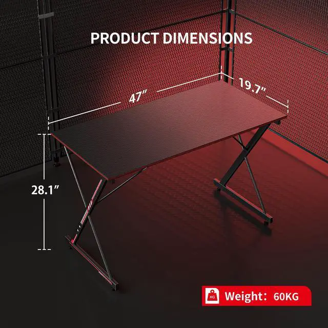 Alt view image 3 of 6 - Gaming Desk 47 Inch PC Computer Desk, Carbon Fiber Home Office Desk Table Gamer Workstation, Simple Game Table with Headphone Hook, Black