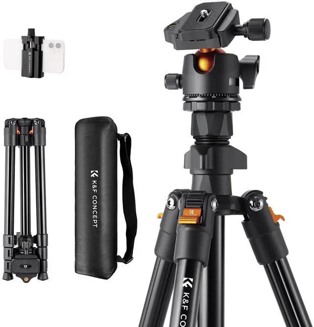 Main image of 64 inch/163 cm Camera Tripod,Lightweight Travel Outdoor DSLR Tripods with 360 Degree Ball Head Load Capacity 17.6 lbs/8 kg,Cellphone Clip for Smartphone Live Streaming Vlog O234A1+BH-36