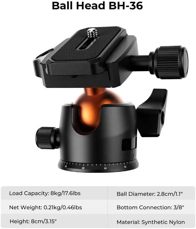 Alt view image 5 of 6 - 64 inch/163 cm Camera Tripod,Lightweight Travel Outdoor DSLR Tripods with 360 Degree Ball Head Load Capacity 17.6 lbs/8 kg,Cellphone Clip for Smartphone Live Streaming Vlog O234A1+BH-36