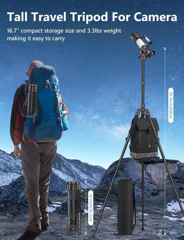 Alt view image 4 of 7 - 78" Porfessional Tripod for Camera, Aluminum Camera Tripod Monopod for DSLR, Spotting Scope,Telescope, Binoculars, Compact Heavy Duty Camera Stand for Photography Video Recording Travel