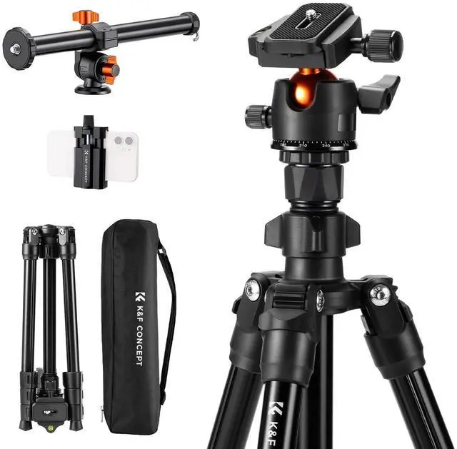 Main image of 76 inch Camera Tripod with Rotatable Multi-Angle Center Column,Lightweight Travel Outdoor DSLR Tripods with 360 Degree Ball Head Load Capacity 8kg/17.6lbs, Cellphone Clips for Smartphone