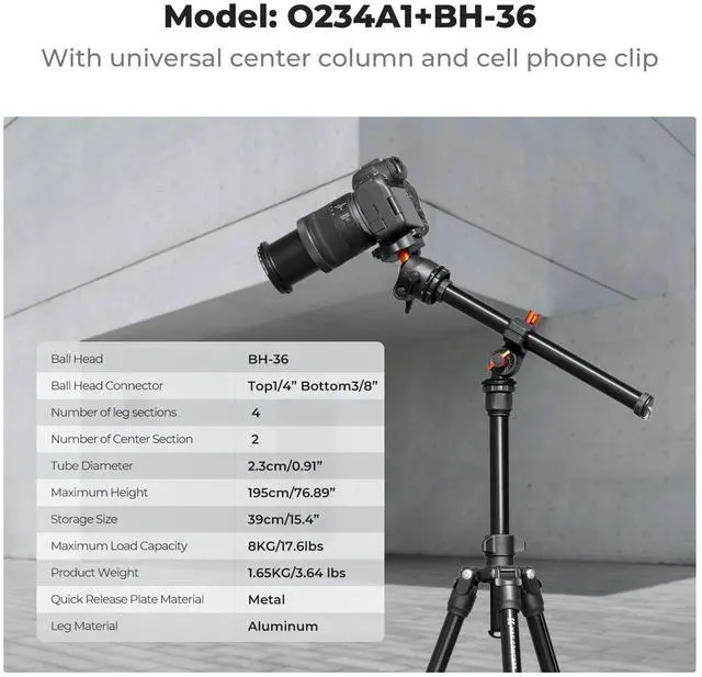 Alt view image 5 of 7 - 76 inch Camera Tripod with Rotatable Multi-Angle Center Column,Lightweight Travel Outdoor DSLR Tripods with 360 Degree Ball Head Load Capacity 8kg/17.6lbs, Cellphone Clips for Smartphone