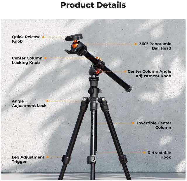Alt view image 6 of 7 - 76 inch Camera Tripod with Rotatable Multi-Angle Center Column,Lightweight Travel Outdoor DSLR Tripods with 360 Degree Ball Head Load Capacity 8kg/17.6lbs, Cellphone Clips for Smartphone