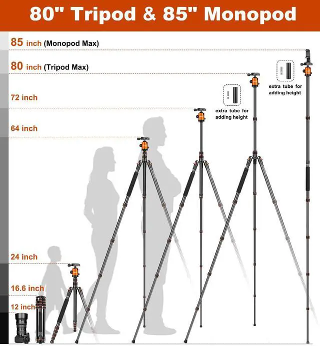 Alt view image 2 of 7 - 80/85 inches Heavy Duty Tripod for Camera and Phone, 85" Camera Monopod Tripods, DSLR Binoculars Spotting Scope Camcorders Video Tripod Stand, 360 Degree Ball Head, 35 lbs Loads
