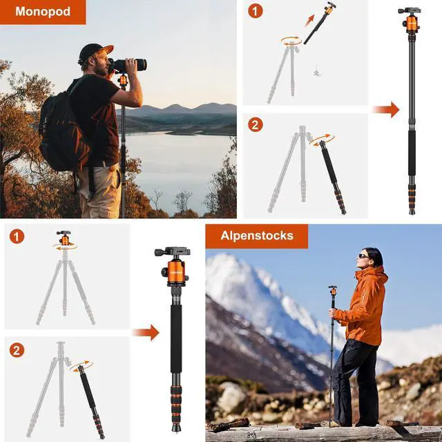 Alt view image 7 of 7 - 80/85 inches Heavy Duty Tripod for Camera and Phone, 85" Camera Monopod Tripods, DSLR Binoculars Spotting Scope Camcorders Video Tripod Stand, 360 Degree Ball Head, 35 lbs Loads
