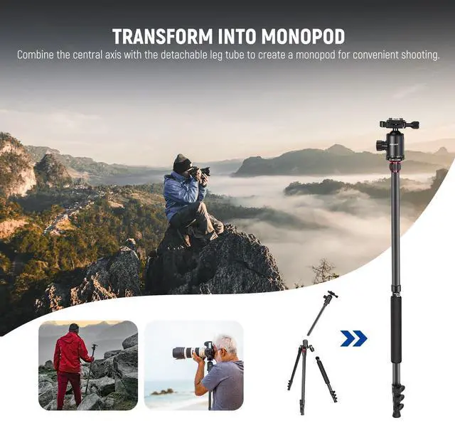 Alt view image 5 of 7 - 77" Camera Tripod Monopod with Cell Phone Holder Compatible with iPhone for Video Recording, Compact Aluminum Travel Stand with Ball Head QR Plate Bag Cleaning Cloth, Max Load 34lb, TP77