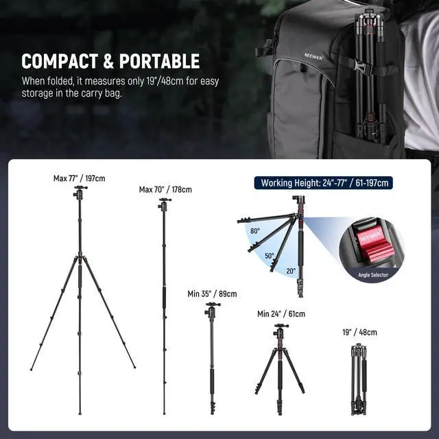 Alt view image 6 of 7 - 77" Camera Tripod Monopod with Cell Phone Holder Compatible with iPhone for Video Recording, Compact Aluminum Travel Stand with Ball Head QR Plate Bag Cleaning Cloth, Max Load 34lb, TP77